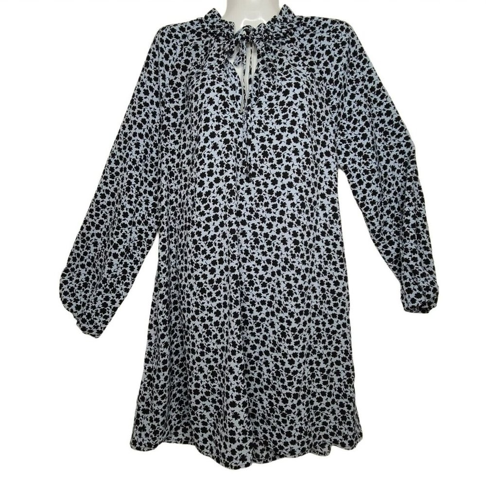 NWT H&M Floral Shift Dress Ruffle Collar Sz 4 Pockets Keyhole Tie Neck Navy Blue - Picture 2 of 12